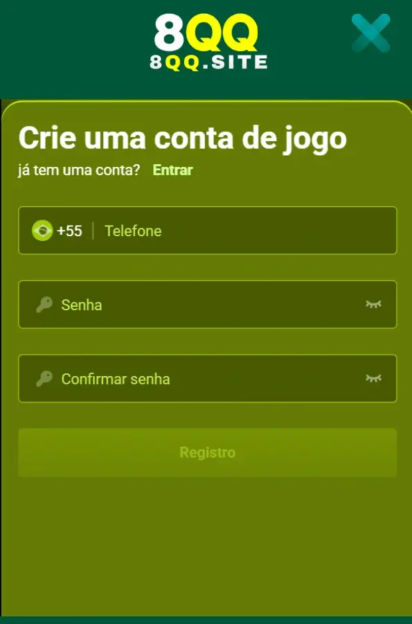 Página de cadastro simples no 8QQ Cassino